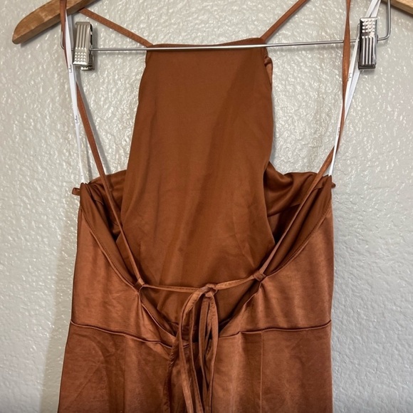 Bronze Satin Ruched Backless Maxi Dress Medium - Picture 4 of 7